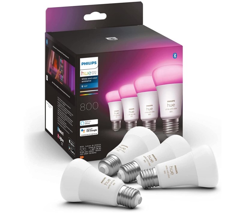 chollo Pack 4 Bombillas Philips Hue A60 E27, Luz Blanca y de Colores