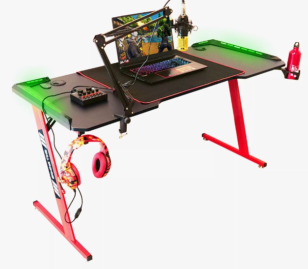 chollo Mesa Gaming, 140cm x 60cm, Gaming Desk, Mesa Grande para Ordenador Consola PS5, Xbox Series, Patas de Acero, RGB LED, Base de Alfombrilla