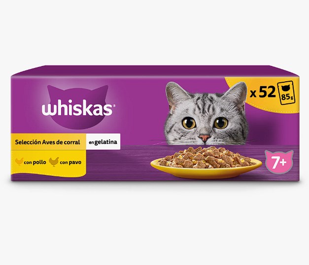 chollo Whiskas Comida Húmeda para Gatos Senior (Pack 52) - Selección Aves en Gelatina 13x4x85g