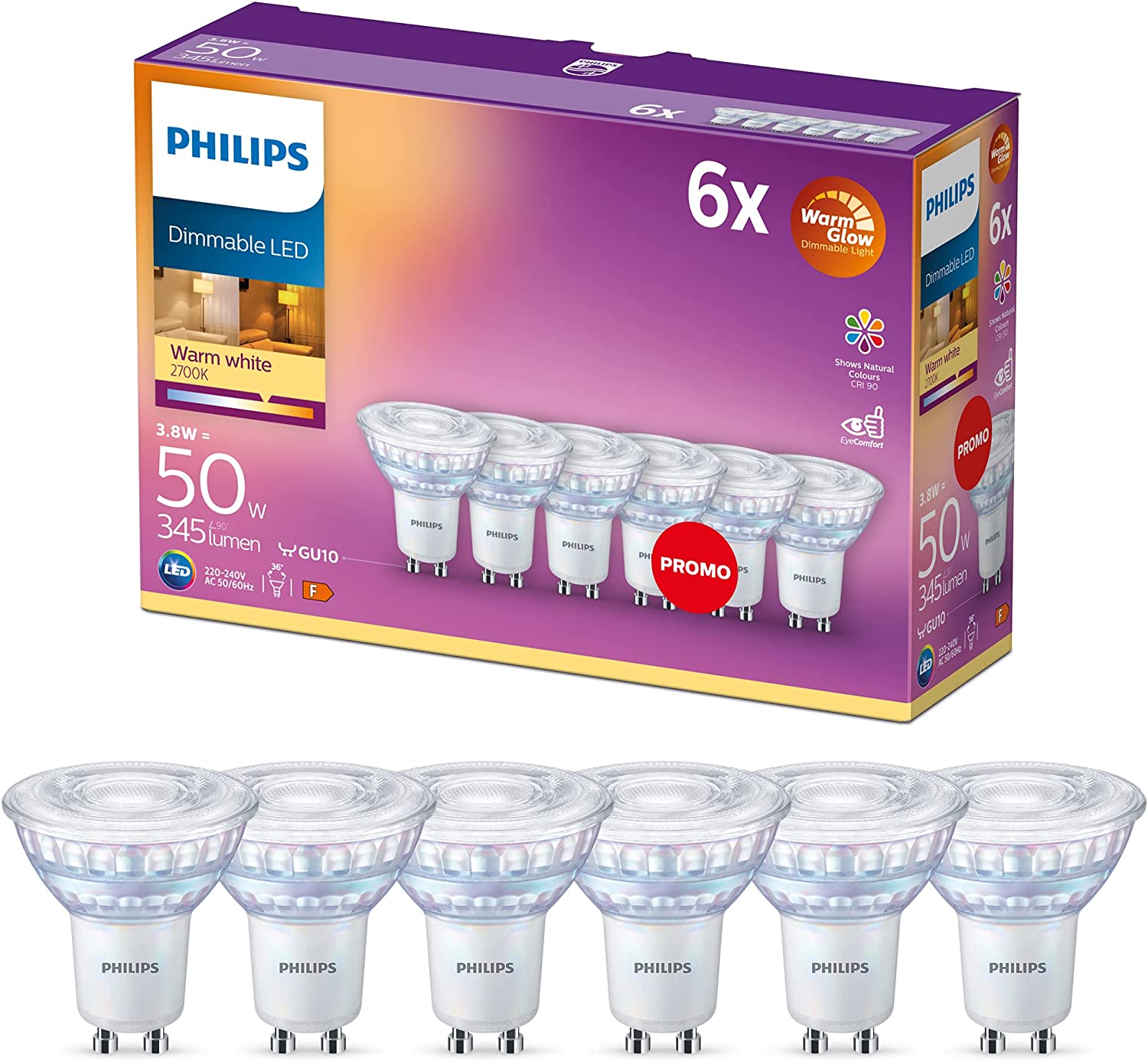 chollo Philips - LED Gu10, 3.8 W Equivalente a 50 W, 345 Lumen, Regulable, Blanco Cálido, 6 Unidades