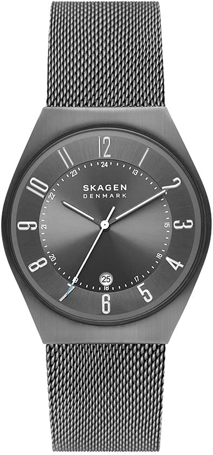 chollo Skagen Reloj para hombre Grenen, mecanismo de tres manecillas con fecha, caja de 37 mm de acero inoxidable reciclado carbón (al menos un 50%) con correa de malla de acero, SKW6815