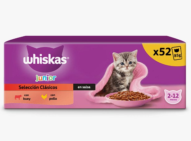 chollo Pack de 52 de Whiskas Comida Húmeda para Gatos Junior Selección Clásicos en Salsa 13x4x85g