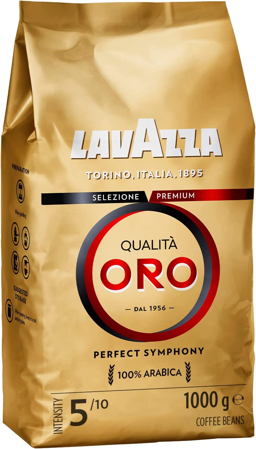 chollo Lavazza, Qualità Oro, Café en Grano, Ideal para la Máquina de Café Espresso, con Notas Aromáticas de Frutas y Flores, 100% Arábica, Intensidad 5, Tueste Medio, Paquete de 1 kg