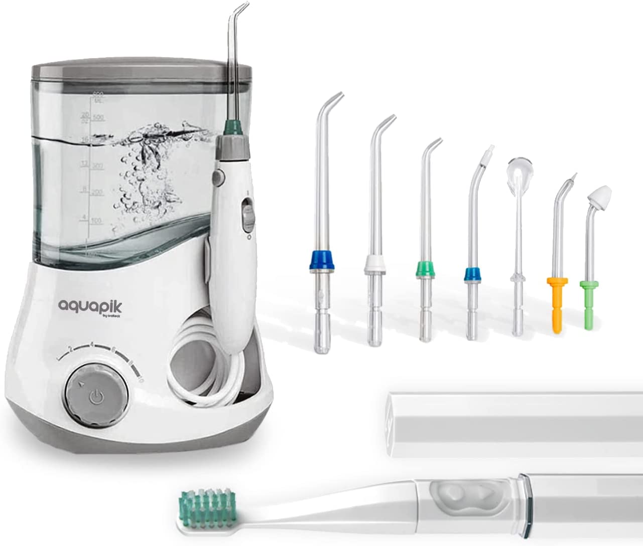 chollo Aquapik 100 ULTRA - Irrigador dental y Nasal profesional con 7 Boquillas multifuncionales 10 niveles de potencia Capacidad 600 ml Recomendado a nivel mundial. Incluye Cepillo Ultrasónico de regalo