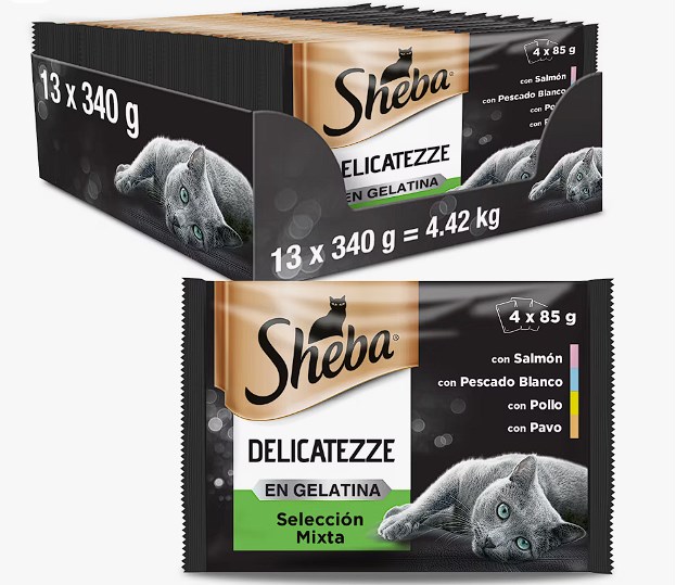 chollo Sheba Delicatezze Comida Húmeda para Gatos Selección Mixta en Gelatina, Multipack (13 cajas x 4 sobres x 85g)