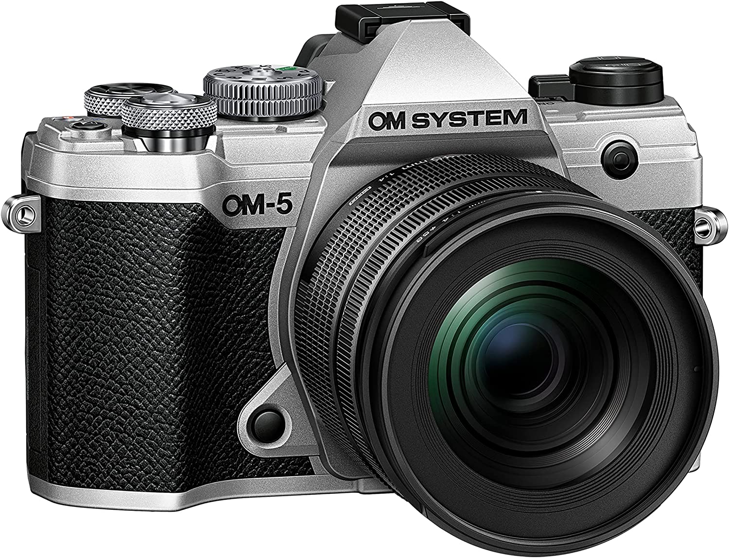 chollo OM SYSTEM OM-5 Cámara con Sistema Micro Four Thirds con Objetivo M.Zuiko Digital ED 12-45mm Pro, Sensor Live Mos de 20 MP, Estabilización de Imagen Mejorada de 5 Ejes, IP53, Plata/Negro