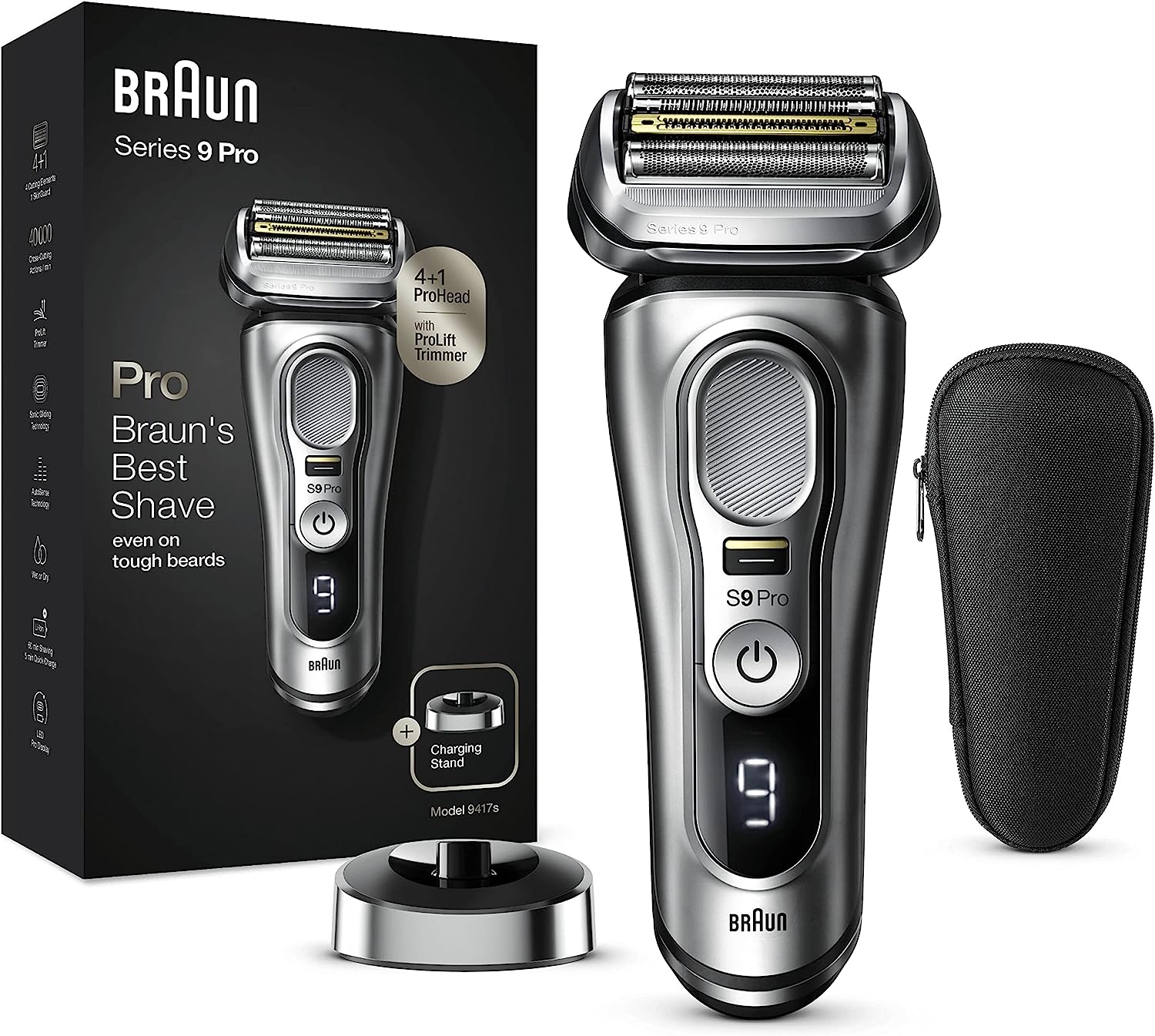 chollo Braun Series 9 Pro Afeitadora Eléctrica Hombre, Máquina de Afeitar Barba con Cabezal 4+1 y Recortadora ProLift, Uso en Seco y en Mojado para Barba de 1, 3 y 7 días, 9417s, Cromo