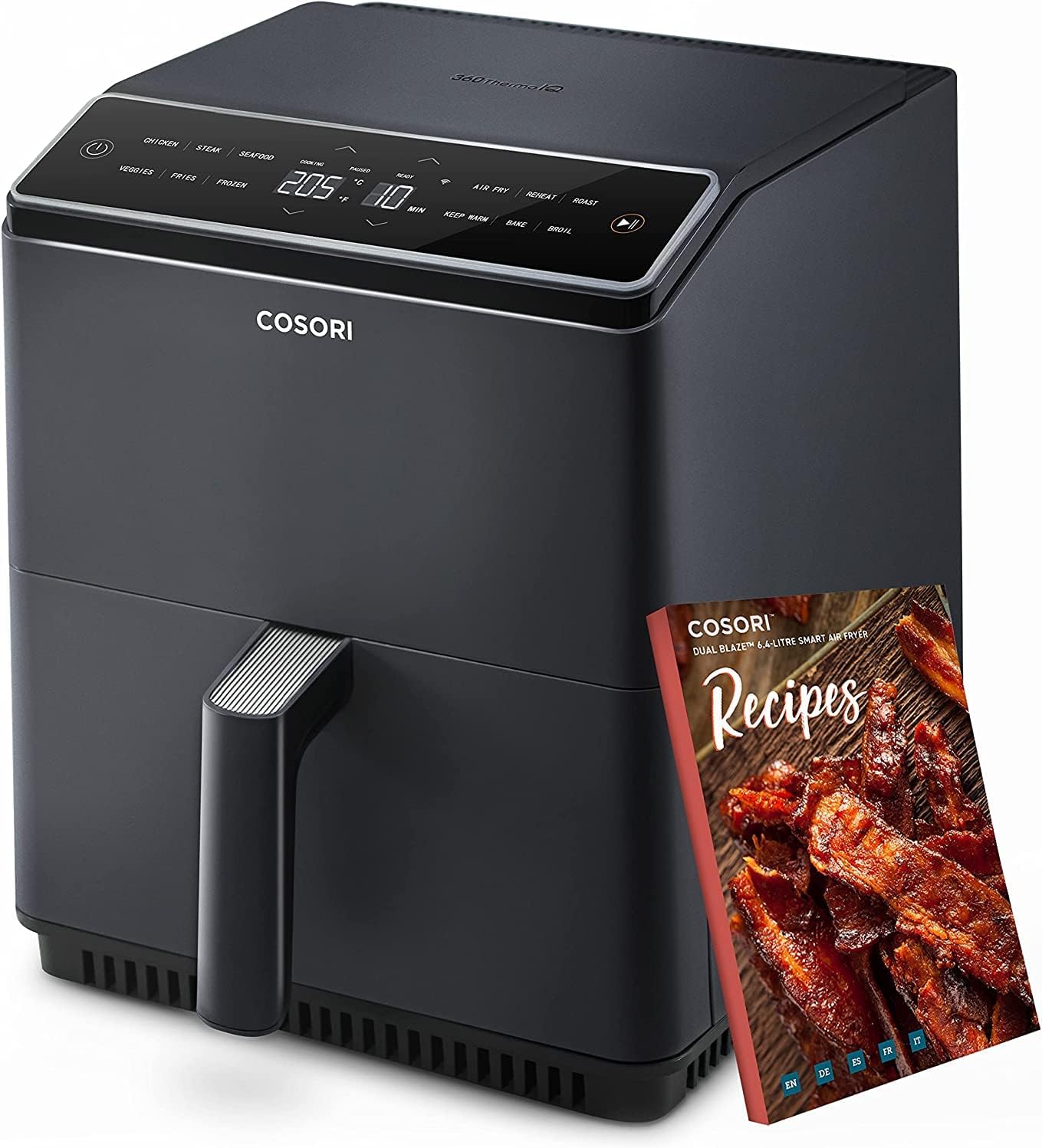 chollo COSORI Freidora sin Aceite Inteligente 6.4 L, Freidora de Aire Caliente con Doble Calefacción, sin Agitación sin Precalentamiento, Air Fryer con Recetas en Español y 12 Programas, Gris Oscuro, P583S