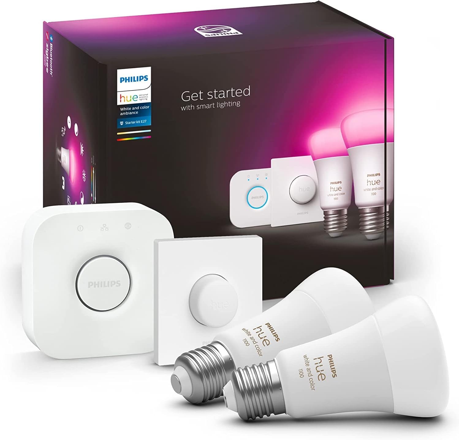 chollo Philips Hue - Pack de 2 Bombillas LED inteligentes + Botón Inteligente + Hue Bridge