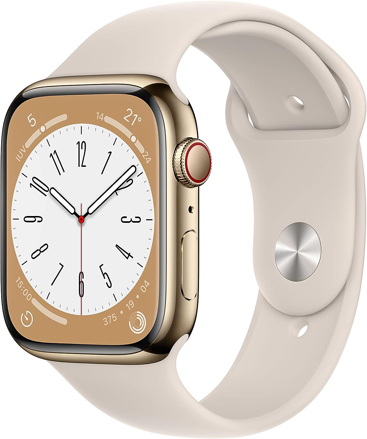 chollo Apple Watch Series 8 (GPS + Cellular, 45mm) Reloj Inteligente con Caja de Acero Inoxidable en Oro - Correa Deportiva Blanco Estrella - Talla única