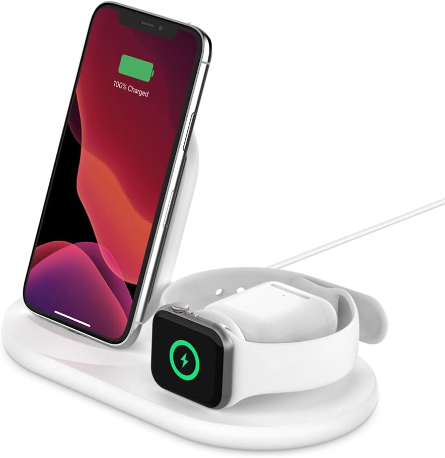 chollo Belkin cargador inalámbrico 3 en 1 (estación de carga inalámbrica de 7,5 W para iPhone, Apple Watch y AirPods), base de carga inalámbrica para iPhone, soporte de carga para Apple Watch, blanco