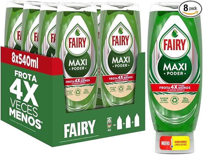 chollo Fairy, Maxi Poder Lavavajillas Liquido a Mano, 4,3 L (Pack 8 x 540 ml), Con Poder Antigrasa