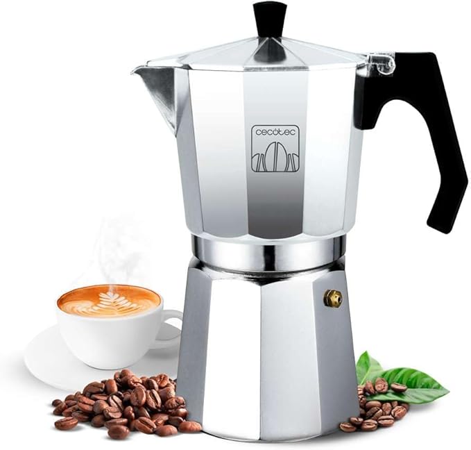 chollo Cecotec Cafetera Italiana de Aluminio Mokclassic 300 Shiny. Para toda cocina, 3 Tazas de café, Junta de silicona, Mango Ergonómico y Termorresistente, Filtro y Válcula de acero inoxidable