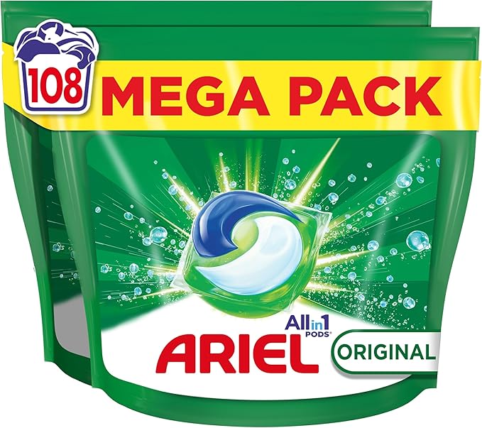 chollo ARIEL PODS Todo en 1 Detergente Lavadora Liquido en Capsulas/Pastillas, 108 Lavados, Original, Jabon 5 Acciones para una Limpieza Brillante en Frio