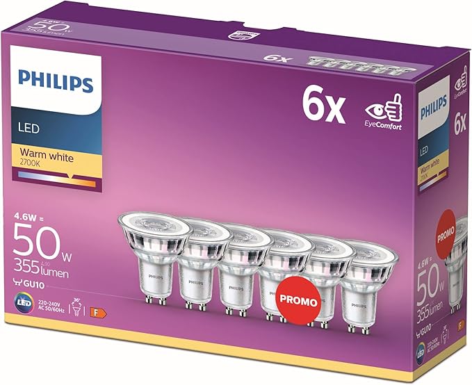 chollo Philips - Bombilla LED cristal 50W, GU10, luz blanca cálida, transparente, no regulable, pack 6