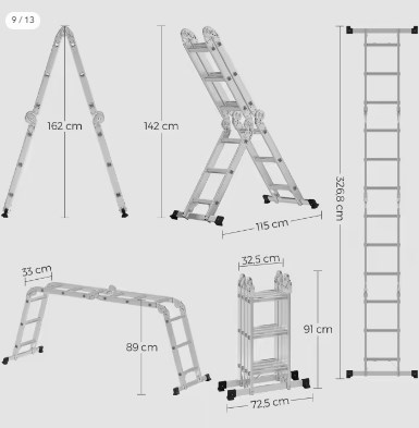 chollo Songmics Escalera de Aluminio Multifuncional con 2 Placas Metalicas, Escalera Plegable de 4 x 3 Peldaños de 331 cm, Carga de 150 kg, Plata