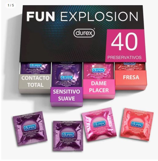 chollo Durex - Fun Explosion, Pack Preservativos Sabor Fresa, Dame Placer, Sensitivo Suave y Contacto Total, 40 Condones, 52 y 56 mm