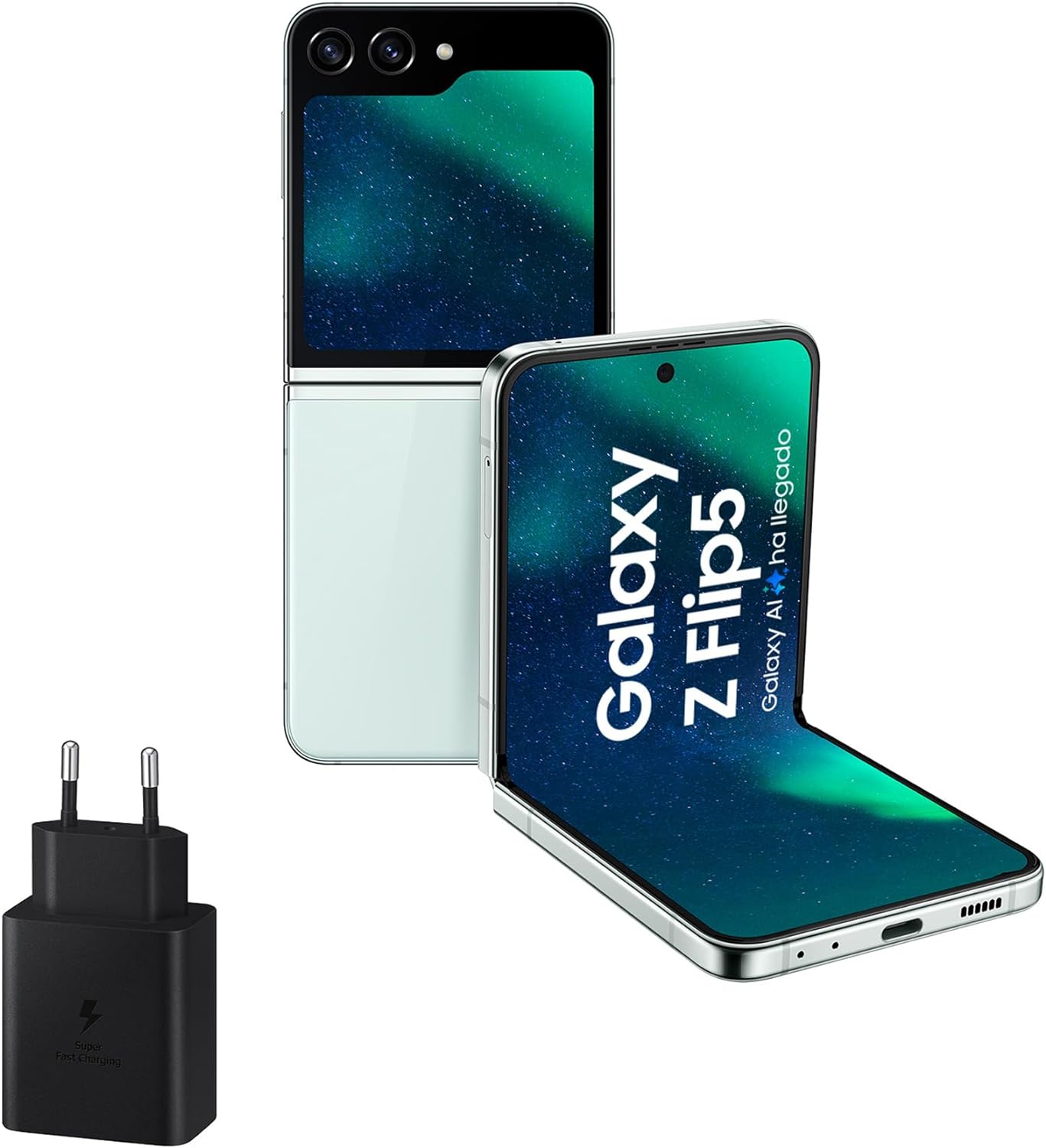 chollo SAMSUNG Galaxy Z Flip5, 256 GB + Cargador 45W - Teléfono Móvil Plegable con IA, Smartphone Android Libre, 8GB de RAM, Diseño Plegable, Verde claro (Versión Española)
