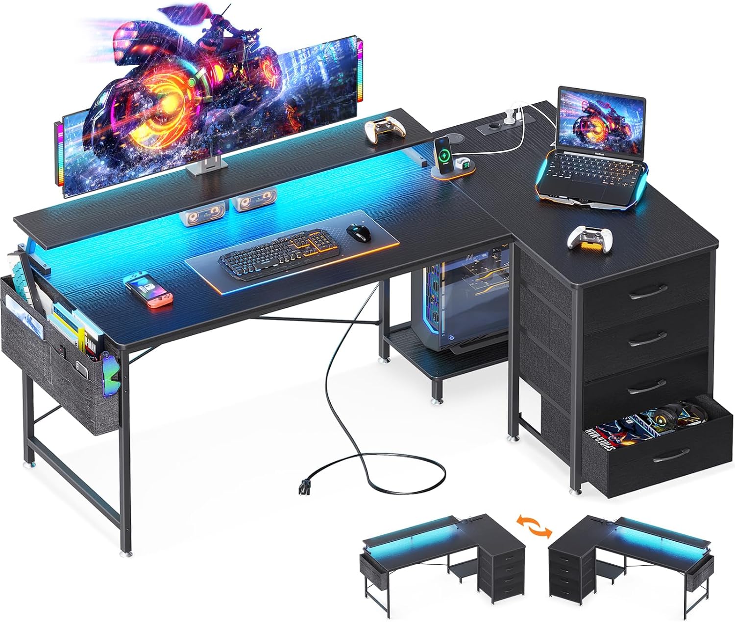 chollo ODK Escritorio Esquinero Reversible, Mesa Gaming L con LED, Escritorio con Puerto de Carga USB y Toma de Corriente, Mesa de Ordenador en Forma de L con 4 Cajón para Hogar, Negro,160x80x84.7cm