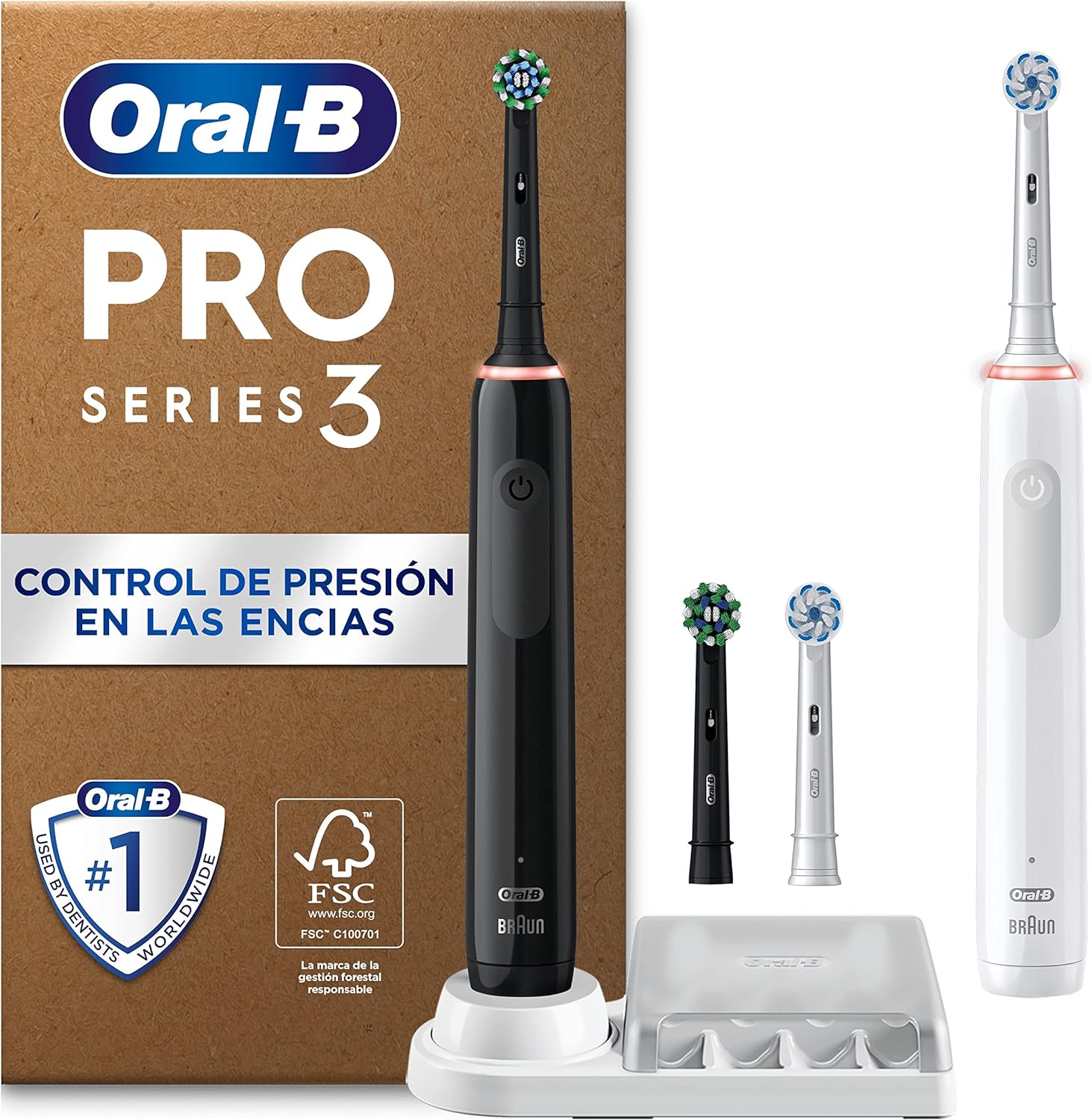 chollo Oral-B Pro 3 3900N Cepillos de Dientes Eléctricos (Pack de 2) con Mango Recargable y 2 Cabezales de Recambio, Diseñado por Braun, Regalos Orginales - Negro y Blanco