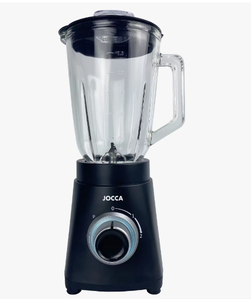 chollo Batidora de vaso Jocca con 1000W de potencia, jarra de cristal de 1.5L, 4 cuchillas de acero inoxidable desmontables, 2 velocidades y función turbo