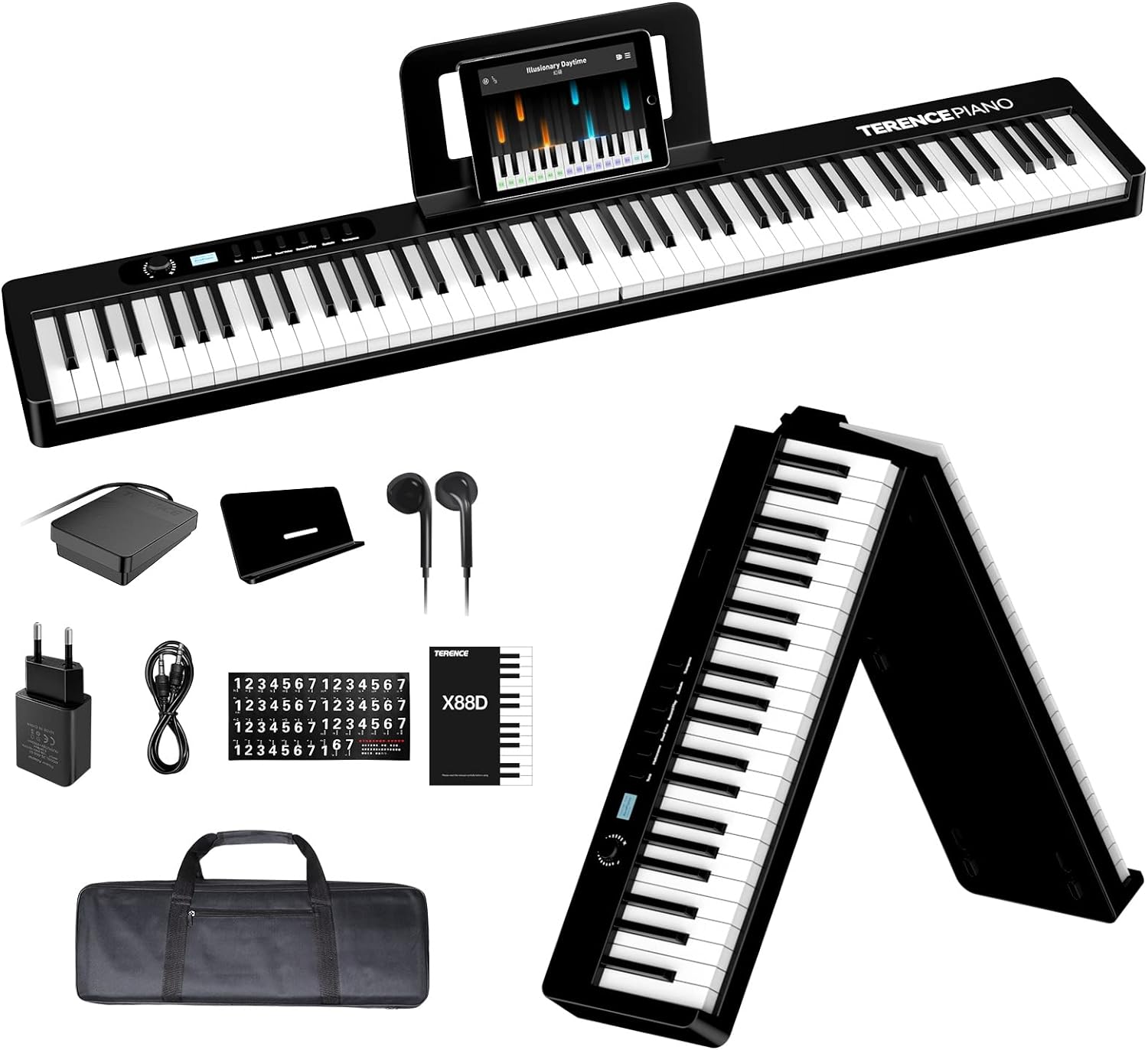 chollo Piano Plegable Terence de 88 teclas con batería de 1750mAh semi-ponderadas pedal de sostenido Bluetooth interfaz MIDI soporte para partituras bolsa adhesiva cable de audio