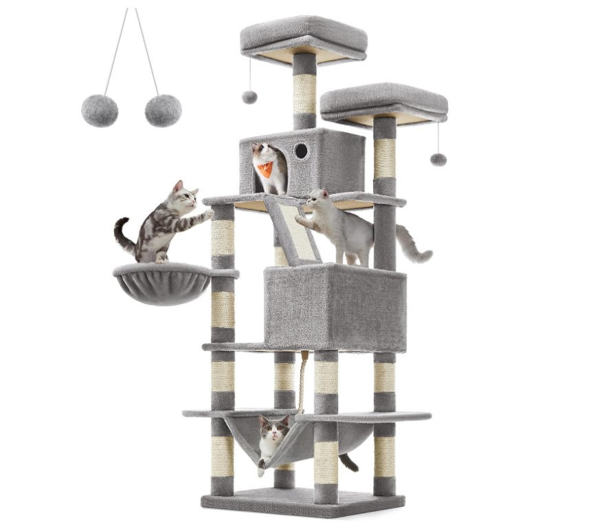 chollo Árbol Rascador para Gatos, 168 cm de Altura con 13 Postes, 2 Plataformas, 2 Cuevas, Cesta, Hamaca, Pompón, Multinivel para Gatos Grandes, Gris Claro