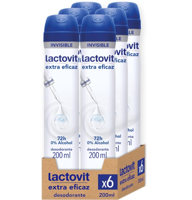 chollo Lactovit - Desodorante Extra Eficaz con Microcápsulas Protect, 0% Alcohol, Anti-irritaciones y Eficacia 48H (Pack 6)