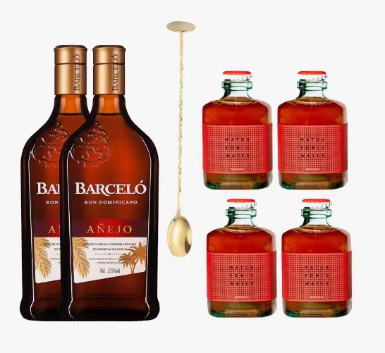 chollo Pack 2 botellas de Ron Barcelo 70cl + 4 Tónicas Spicy Match 20cl + cuchara dorada