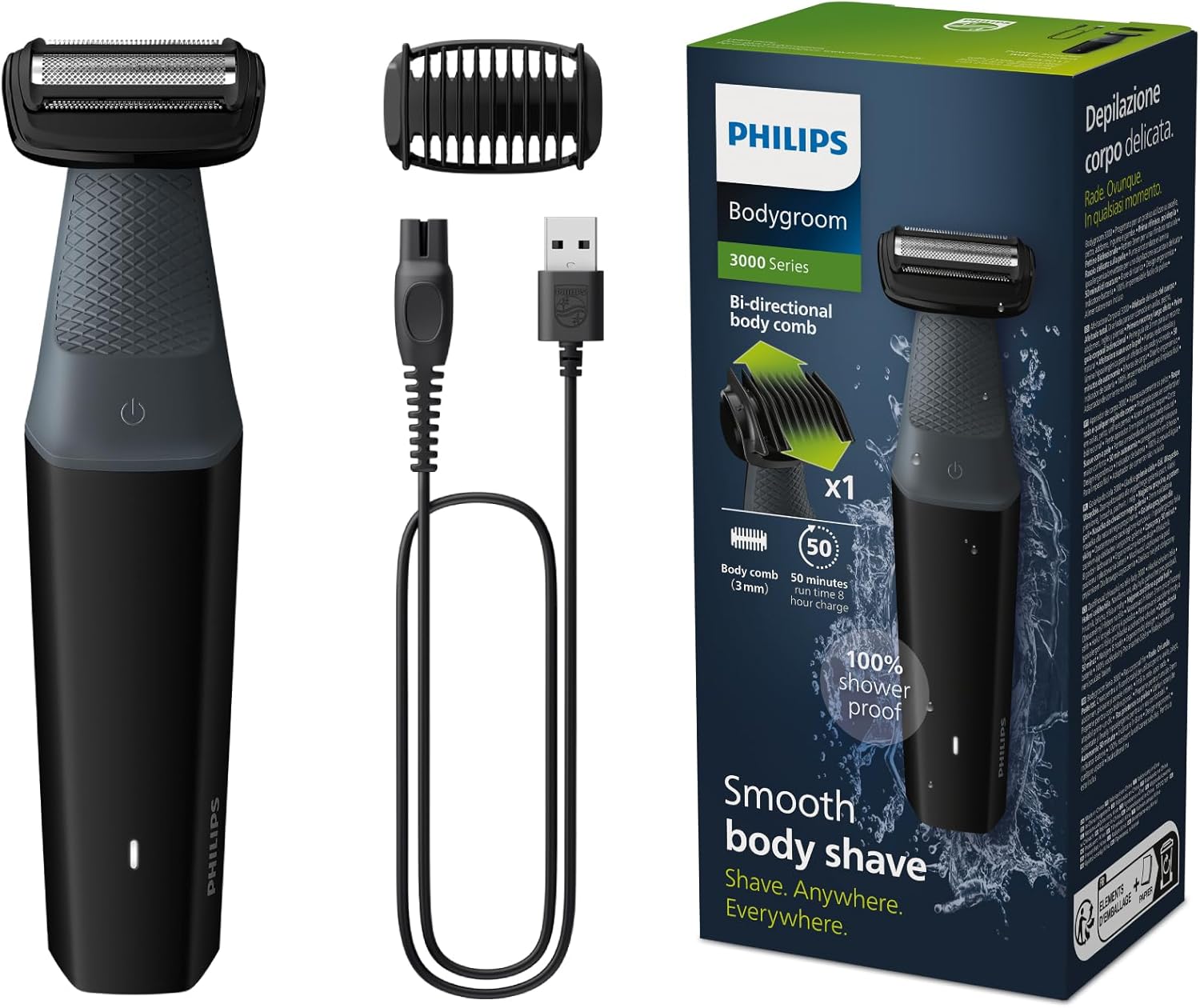 chollo Philips BG3017/01 Afeitadora Corporal Masculina, Bodygroom Serie 3000, Impermeable, con 1 Peine-guía, 50 min de Autonomía, Gris/Negro