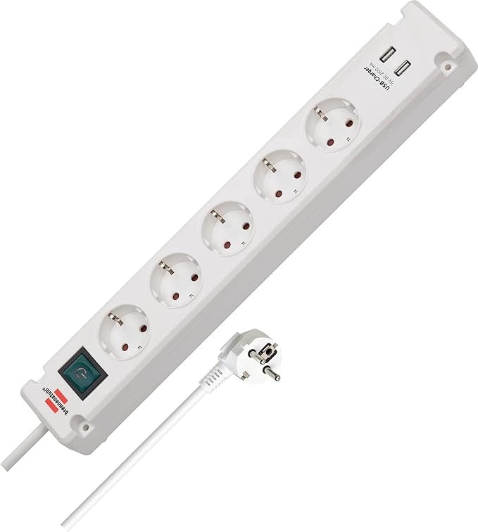 chollo Brennenstuhl regleta de 5 enchufes con función de carga USB (regleta eléctrica con tomas de 90 grados, regleta con interruptor, posibilidad de montaje y cable de 3m) blanco