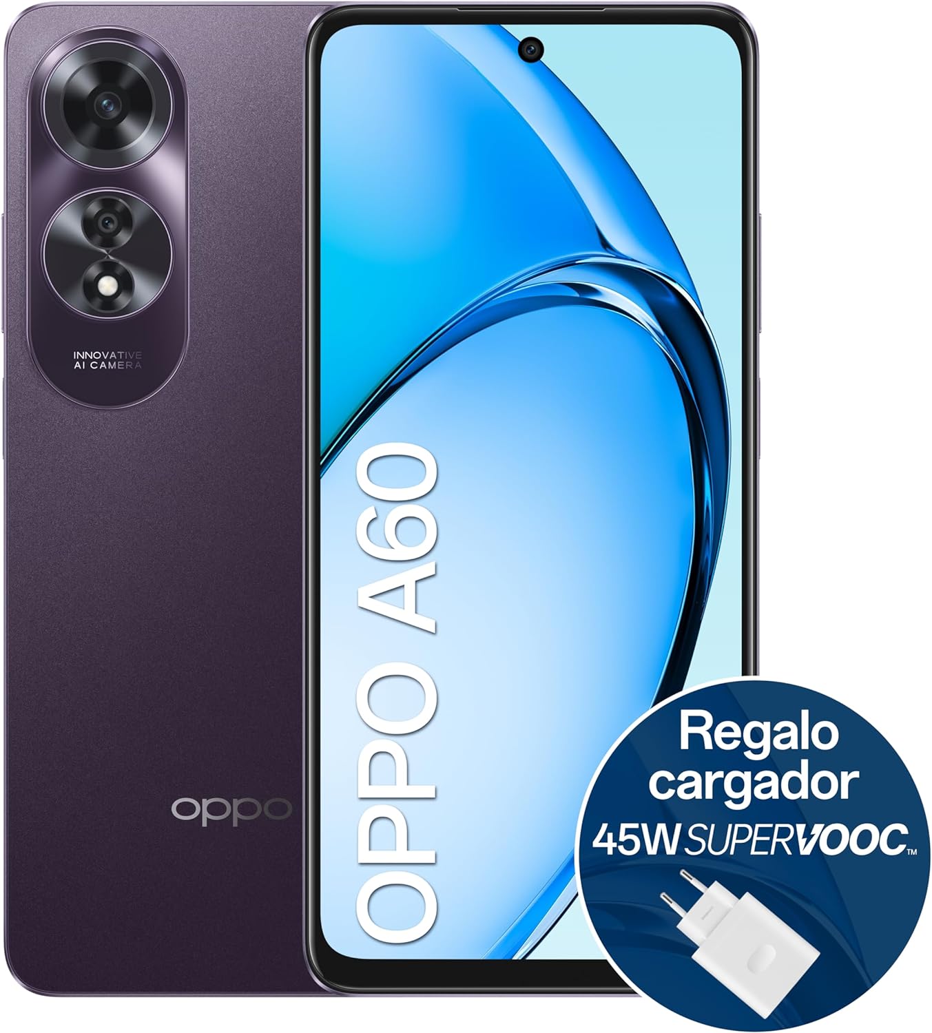 chollo OPPO A60 4G - Smartphone Libre, 16GB(8GB+8GB) 256GB, Pantalla HD+ LCD 6.7'', Cámara 50+2+8 MP, Android, Batería 5000mAh, Carga Rápida 45W, Cargador Incluido - Morado