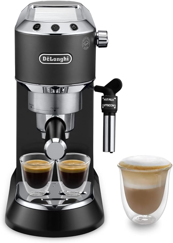 chollo De'Longhi Dedica - Cafetera de Bomba de Acero Inoxidable para Café Molido o Monodosis, Cafetera para Espresso y Cappuccino, Depósito de 1.3 Litros, Sistema Anti-goteo, EC685.BK, Negro