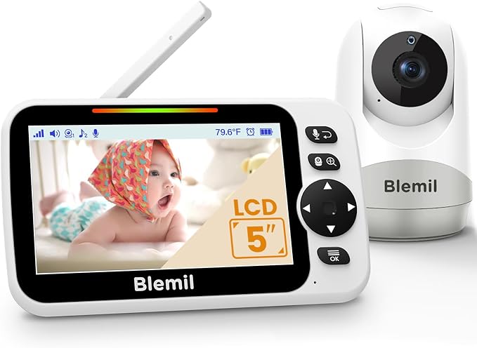 chollo Blemil - Monitor para bebés de vídeo con batería de 30 Horas, Pantalla Grande de 5 Pulgadas con cámara y Audio, visión Nocturna, lulabies, sin WiFi