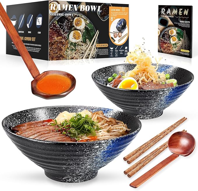 chollo YTLEMON Juego De Cuencos De Ramen De Cerámica 2×1000ml 34oz, Ramen Bowl Japonés De Cocina Para Sopa De Fideos Con Palillos Y Cuchara Para Ensalada Cereales Fideos Regalo Para El Hogar Para