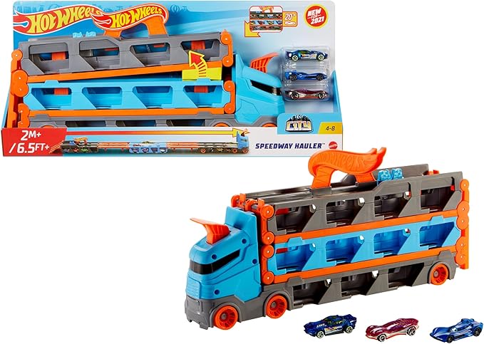 chollo Hot Wheels City - Camión autopista, Pista de Coches de Juguete de 2 Metros con Lanzador, Incluye 3 vehículos