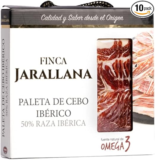 chollo Pack 10 Unidades de 70g de Finca Jarallana - Paleta de Cebo Ibérico Loncheado - Estuche con Paleta Deshuesada de Raza Ibérica 50% - Envasada al Vacío