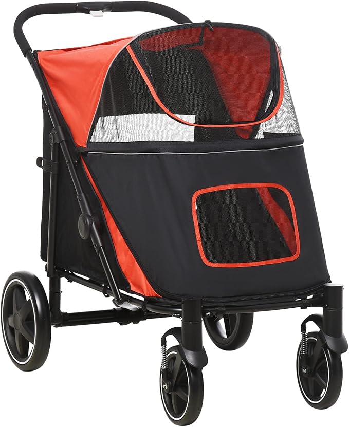 chollo PawHut Cochecito para Perros Plegable Carrito para Mascotas con Ventanas de Malla Correas de Seguridad Bolsillos de Almacenamiento Carga 40 kg 112x65x100 cm Rojo