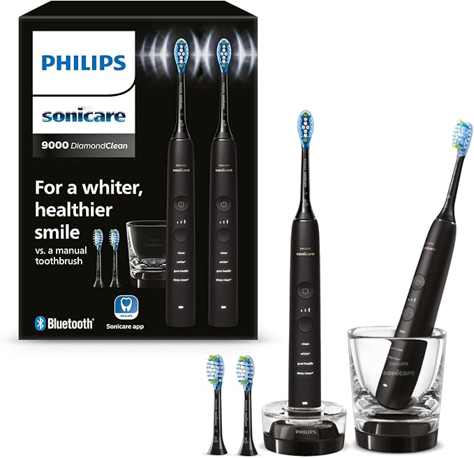 chollo Philips Sonicare DiamondClean 9000, cepillo dental eléctrico, paquete doble, cepillo dental sónico con aplicación, sensor de presión, vaso de carga, negro, modelo HX9914/63