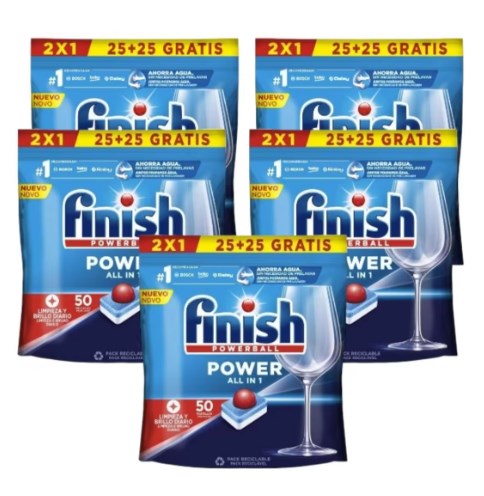 chollo Finish Power All in 1 - Pack de 5 Paquetes De 25+25 (250) - Pastillas para lavavajillas sin fosfatos, con potente Powerball para eliminar las manchas de grasa más difíciles.