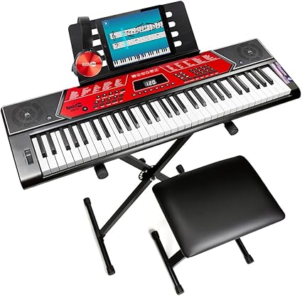 chollo RockJam Teclado de Piano de 61 Teclas con Kit de Inflexión de Tono, Soporte para Teclado, Banco de Piano, Auriculares, Aplicación Simply Piano y Pegatinas Para Notas Clave, Negro