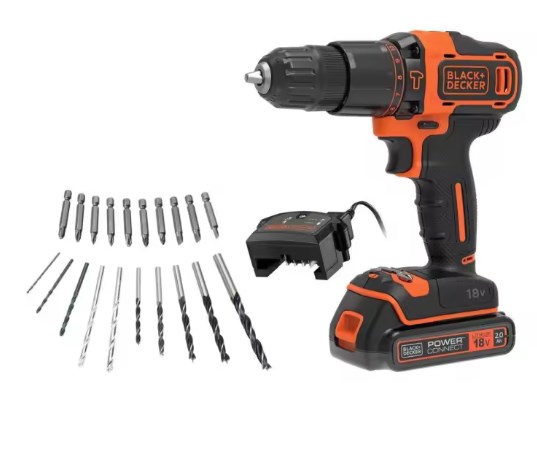 chollo Black & Decker KIT: Taladro Percutor 18V, BDCHD18D1KA-QW + 20 Accesorios y Maletín