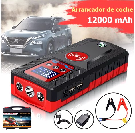 chollo Arrancador de batería multifunción para coche, dispositivo de arranque de emergencia JX62 de 12V, cargador de Banco de energía, potenciador automático de batería, iluminación de emergencia