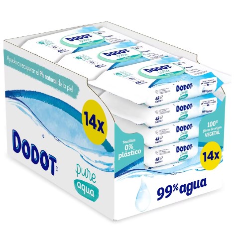 chollo 14 Packs x 48 - Dodot Toallitas Pure Aqua para Bebé, 99% Agua (Total 672 Toallitas)