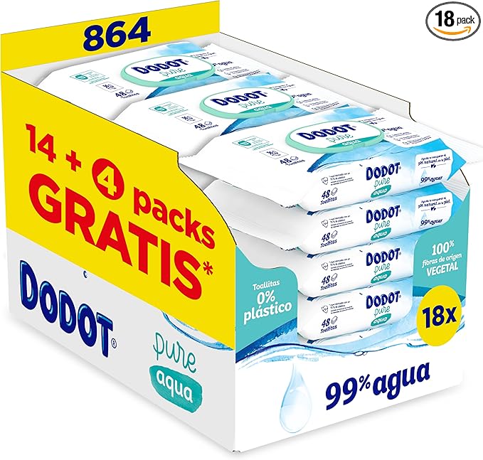 chollo Dodot Toallitas Pure Aqua para Bebé, 99% Agua, 100% Fibras de Origen Vegetal, 864 Toallitas, 18 Paquetes de 48 unidades