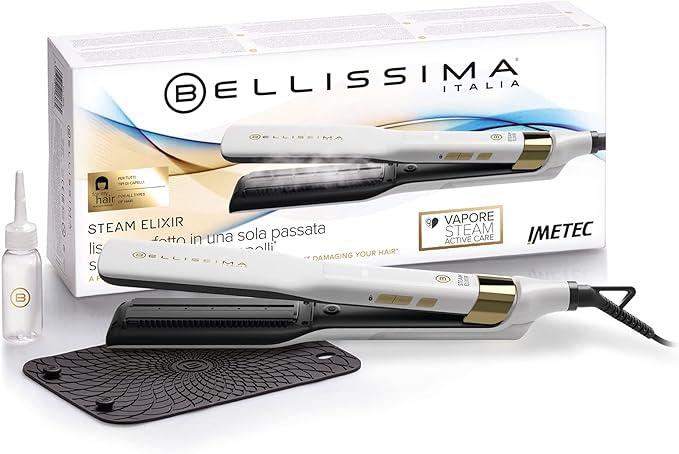 chollo BELLISSIMA Imetec Steam Elixir, Plancha de pelo con vapor, alisa en una sola pasada sin dañarlo, revestimiento cerámica y aceite de Argán, calentamiento rápido, 4 temp, alfombrilla termoresistente