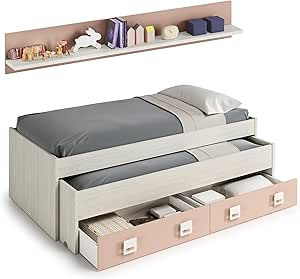 chollo Habitdesign Cama Doble + 2 cajones y Estante, Modelo Nube, Acabado en Blanco Alpes y Rosa Pastel, Medidas: 199 cm (Largo) x 96 cm (Ancho) x 69 cm (Alto)