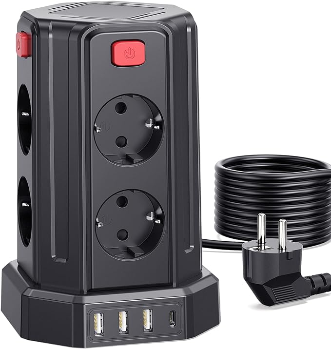 chollo Torre Regleta de Enchufes con Cable 3M, Regleta USB 8 Tomas de AC Corrientes y 4 USB, 2500W/10A