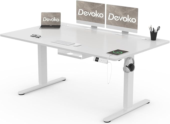 chollo Devoko 160 x 80 cm Escritorio Elevable Eléctrico de Carga USB A, Escritorio Ajustable en Altura con Tablero, 3 Función de Memoria y Anticolisión, Regulable en Altura 72-118cm,Blanco