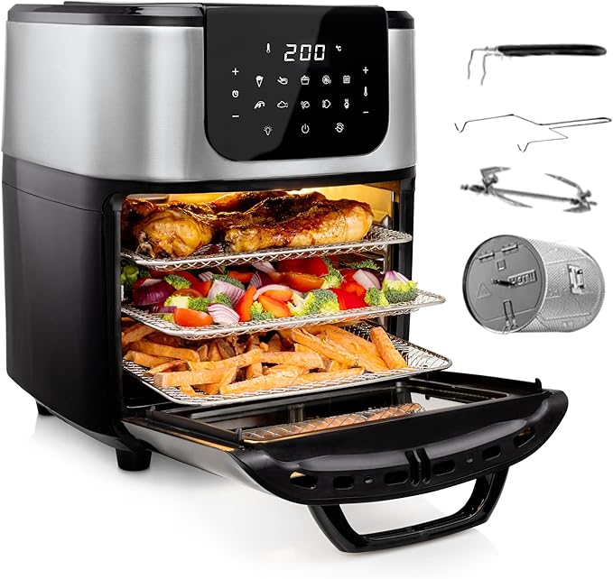 chollo Princess Freidora sin Aceite y Horno de Aire Caliente con Cesta Giratoria – 11 litros – Multifunción – Accesorios Incluidos – 10 Programas – Pantalla Digital Táctil – 1800 W – 182075